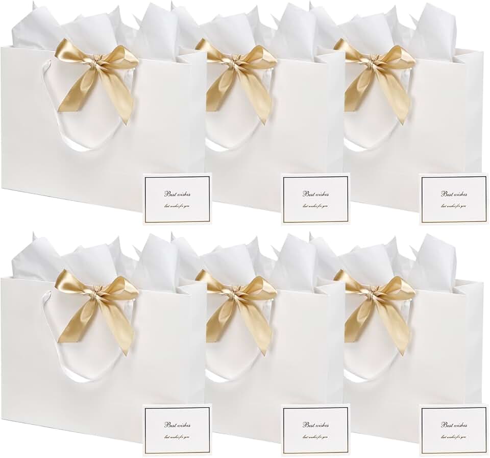 Six Large White Gift Bags with Tissue and Ribbon
