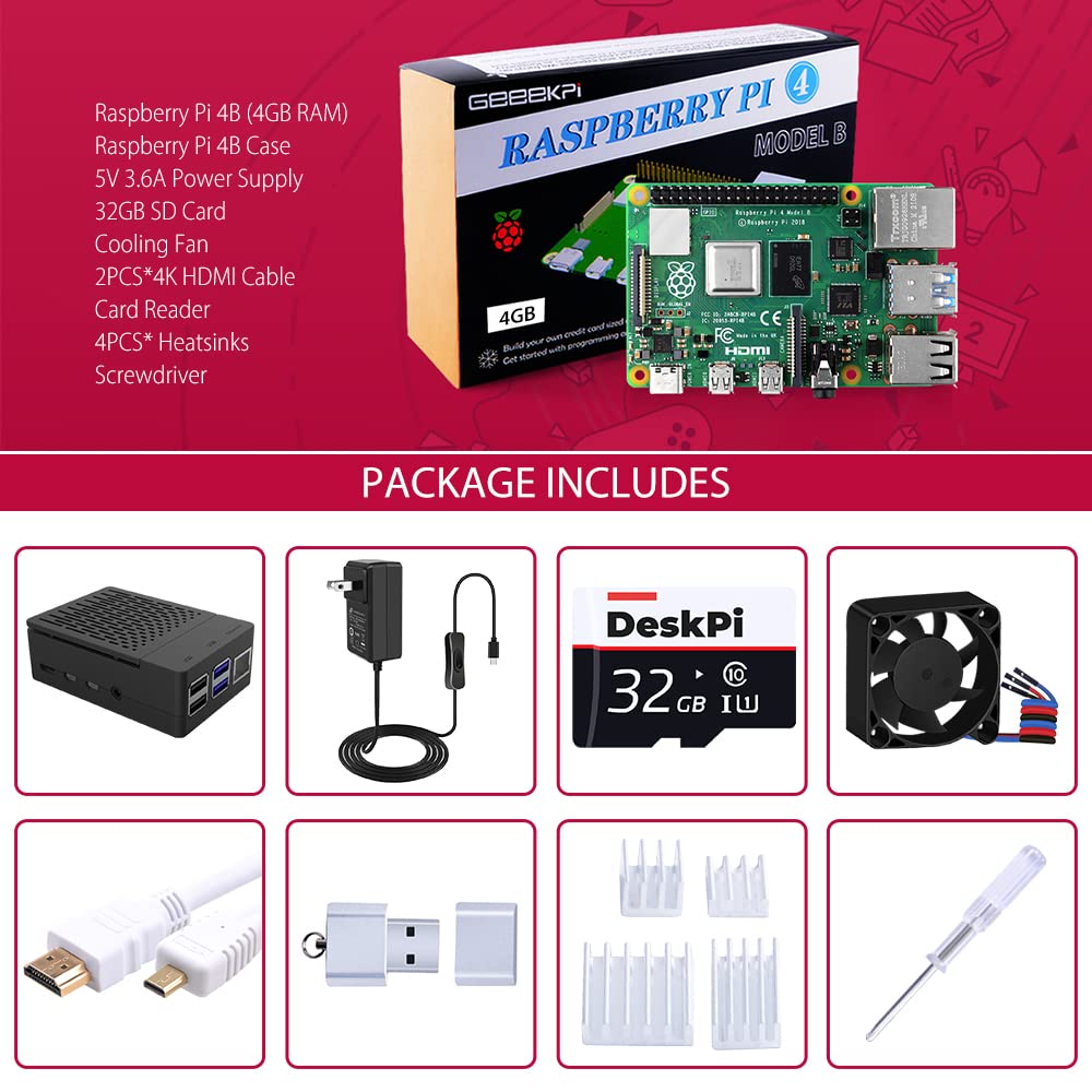 Raspberry Pi 4 4GB Starter Kit - 32GB Edition, Raspberry Pi 4 Case with PWM Fan, Raspberry Pi 5V 3.6A 18W Power Supply with ON/Off Switch, HDMI Cables for Raspberry Pi 4B (4GB RAM)