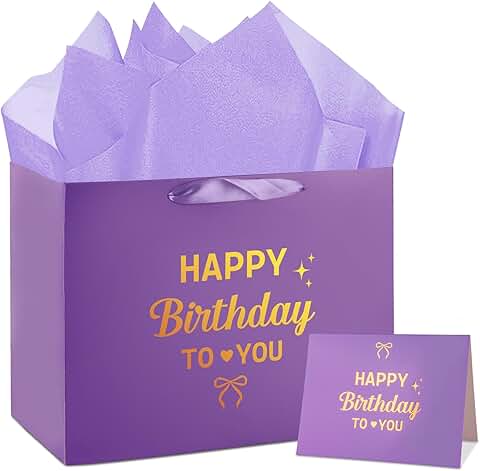 Large purple birthday gift bag with tissue paper and card