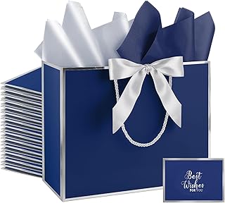 Set of 12 medium thank you gift bags with tissue paper, ribbons, and cards