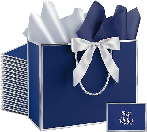 Set of 12 medium thank you gift bags with tissue paper, ribbons, and cards