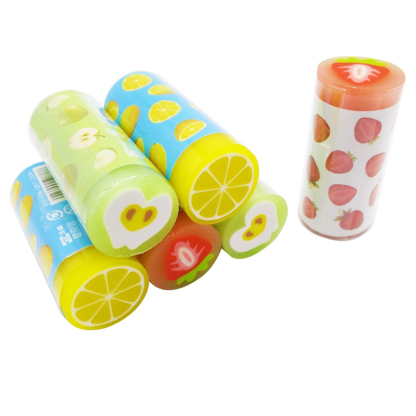 Set of 6 Colorful Cylindrical Erasers for School and Art