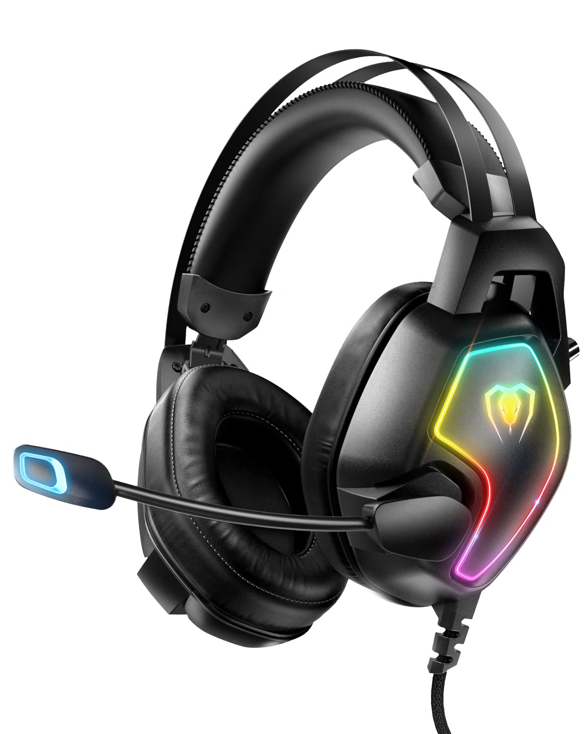 Gaming Headset for Xbox One Series X/S PS4 PS5 PC Switch, Noise Canceling Headphones with Microphone, 3.5mm Audio Jack, Auto-Adjust Headband, RGB Light, Lightweight Wired Gaming Headphones