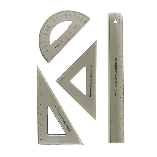 4-Piece Transparent Plastic Triangle, Protractor, and Ruler Set