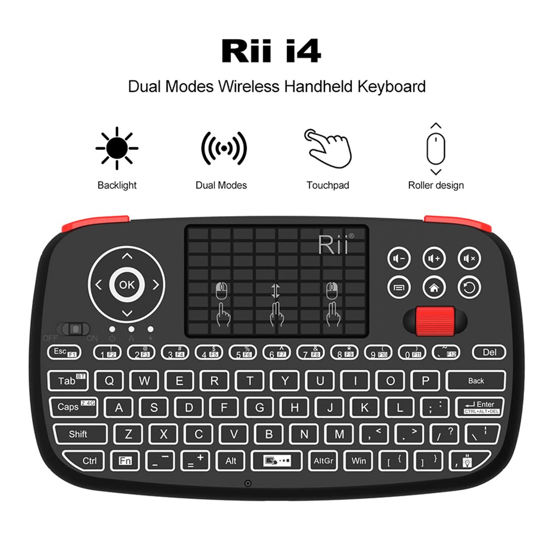 (Upgrade) i4 Mini Bluetooth Keyboard with Touchpad, Blacklit Portable Wireless Keyboard with 2.4G USB Dongle for Smartphones, PC, Tablet, Laptop TV Box iOS Android Windows Mac.Black