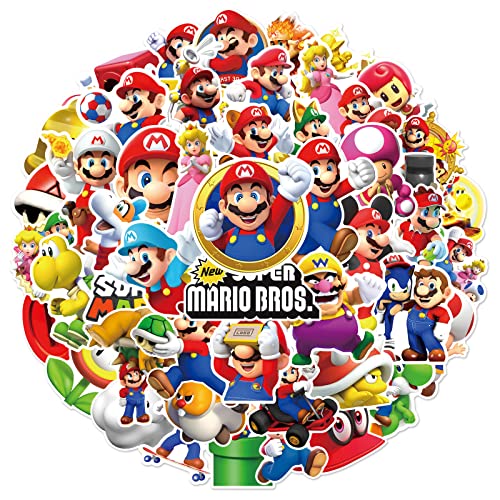50 Cartoon Mario Stickers for Kids, Waterproof Vinyl Decals