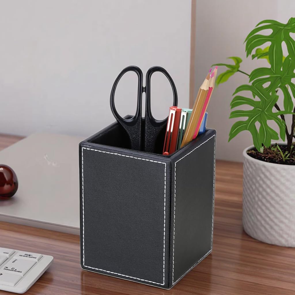 Black PU Leather Square Pen and Pencil Holder