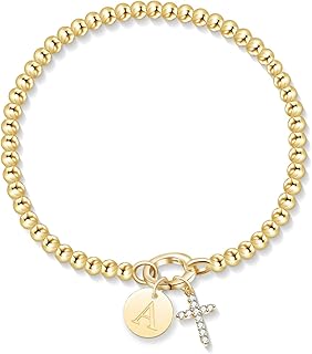 Stretchable Gold Beaded Initial Charm Bracelet for Women