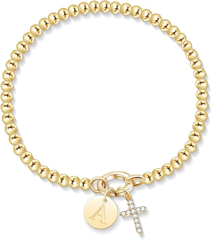 Stretchable Gold Beaded Initial Charm Bracelet for Women