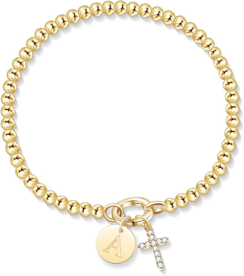 Stretchable Gold Beaded Initial Charm Bracelet for Women