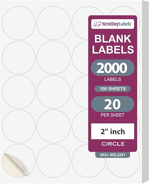 White 2-inch round labels for laser and inkjet printing