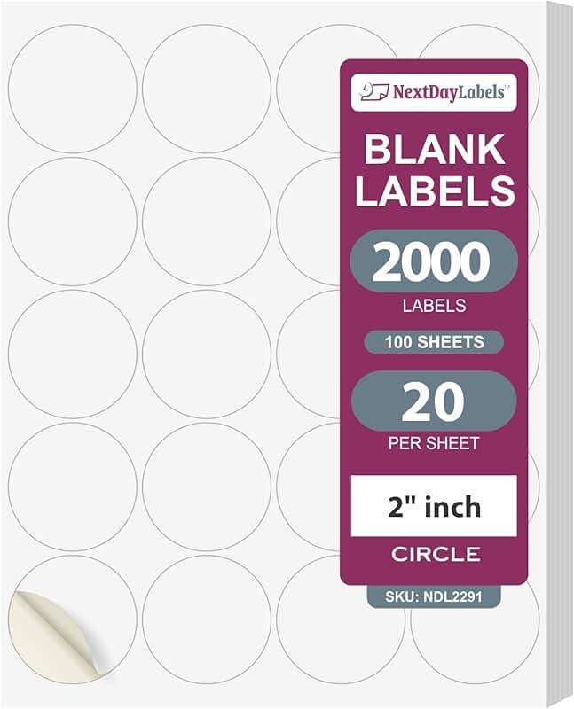 White 2-inch round labels for laser and inkjet printing
