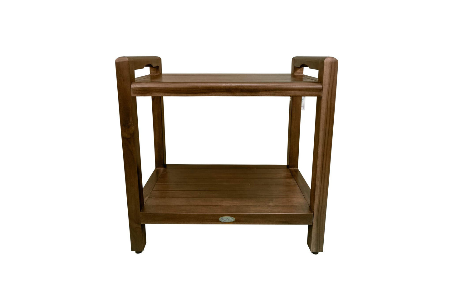 Eleganto Clic Shower Bench Natural Teak wood shower stool with liftAide Arms and shelf Wood Shower Bench in Woodland Brown Finish  20 inches width, 18 Seat Height