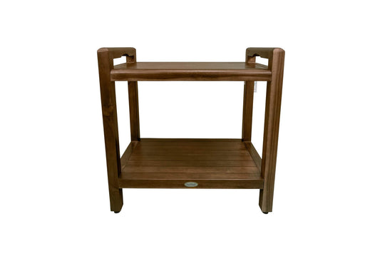 Eleganto Clic Shower Bench Natural Teak wood shower stool with liftAide Arms and shelf Wood Shower Bench in Woodland Brown Finish  20 inches width, 18 Seat Height