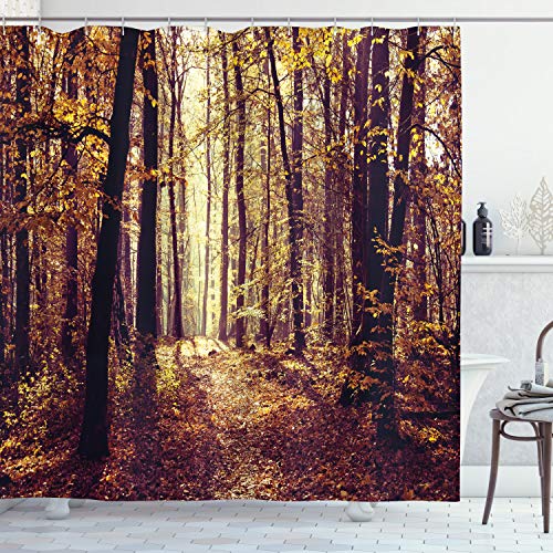 Forest Shower Curtain, Mys ous Atmosphere Misty Woods Tree Nature Landscape Image, Cloth Fabric Bathroom Decor Set with Hooks, 69" W x 84" L, Olive Brown