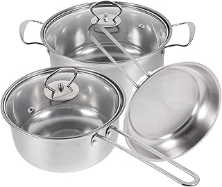 Small stainless steel cookware set with spout and handles
