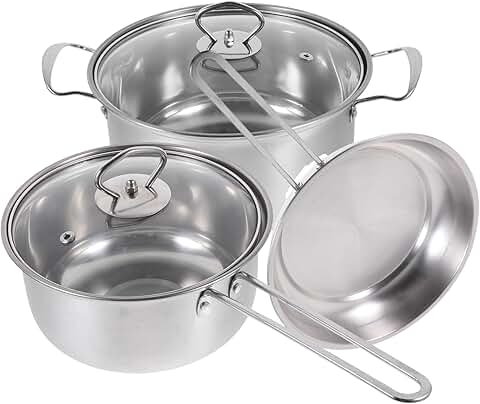 Small stainless steel cookware set with spout and handles