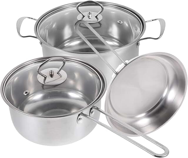 Small stainless steel cookware set with spout and handles