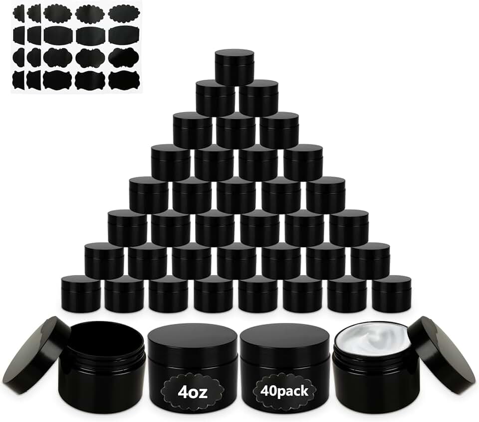 40 Pack 4 oz Black Plastic Cosmetic Jars with Lids