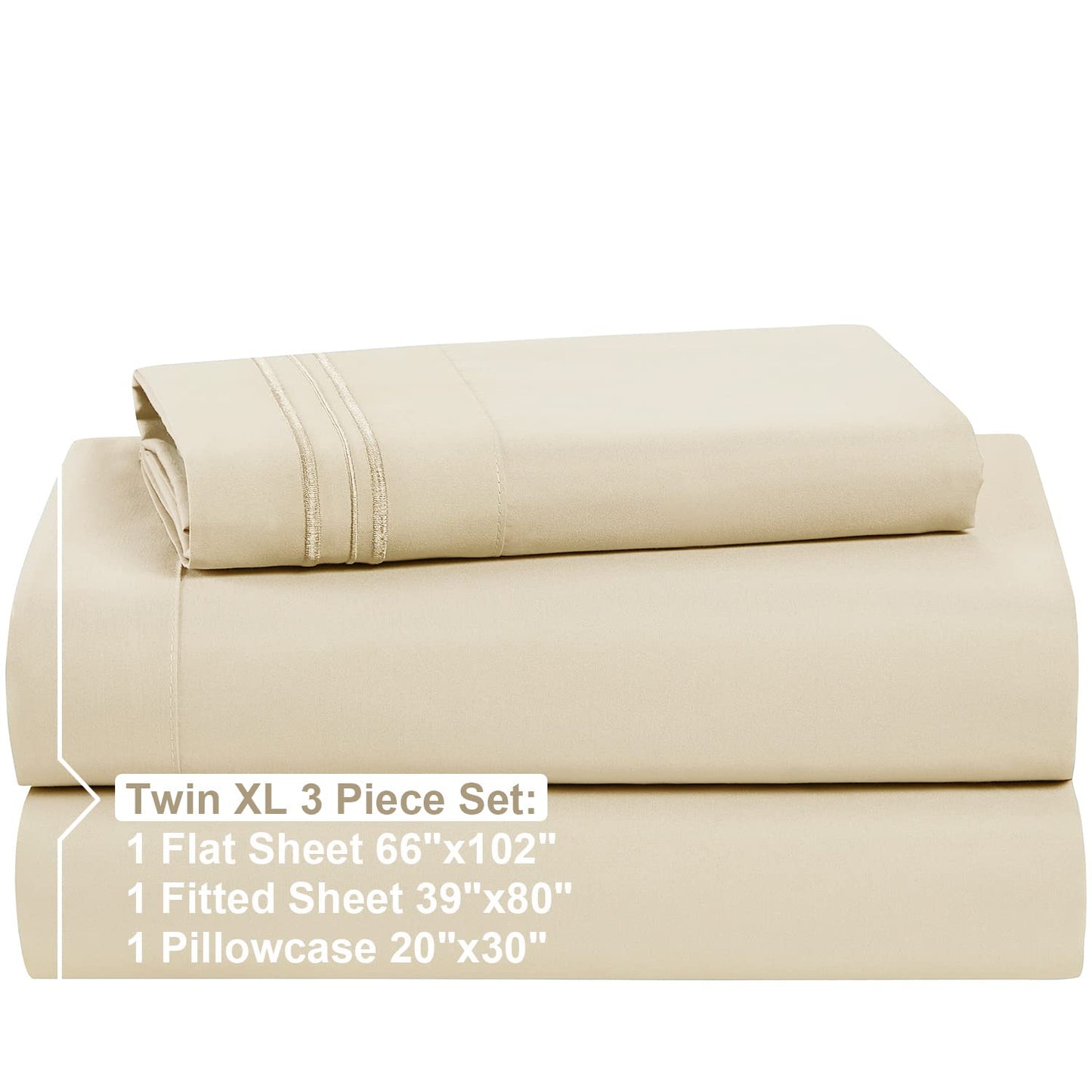 Twin XL Sheets Set  3 Piece XL Twin Sheets, Double Brushed Twin XL Sheets for Adjustable Bed, Beige Cream Twin XL Sheet Set, Hotel Twin XL Bed Sheets