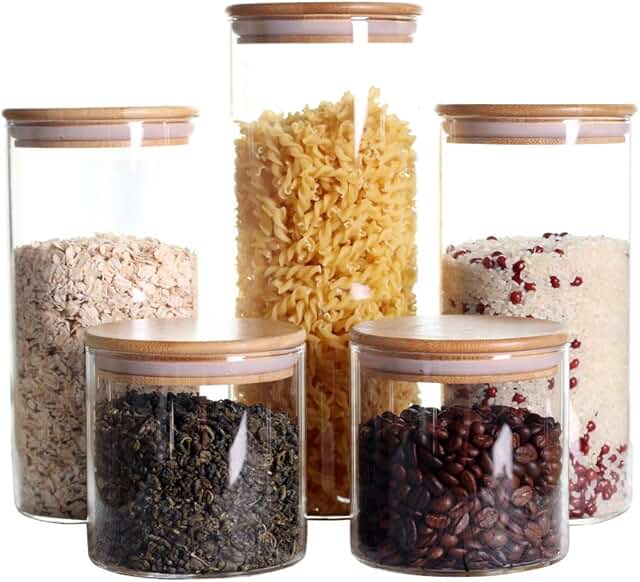 Set of 5 Clear Glass Kitchen Canisters with Airtight Bamboo Lids