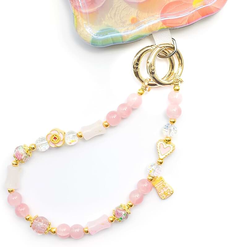 Pink Beaded Phone Charm with Adjustable Wrist Strap