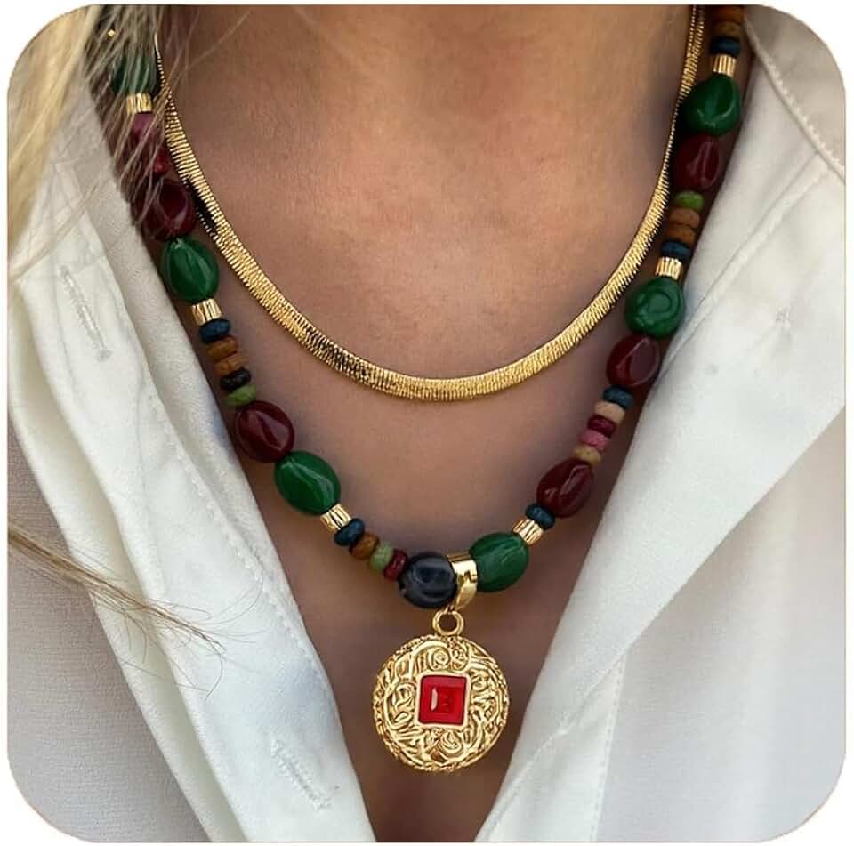 Two Beaded Boho Layered Necklace for Women