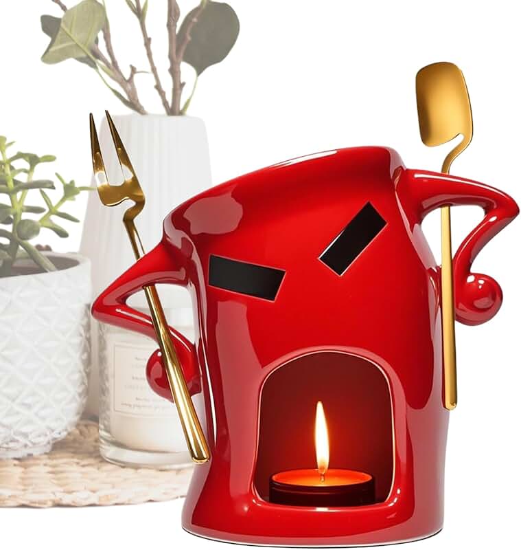Ceramic Chocolate Fondue Mug with Candle Base and Utensils