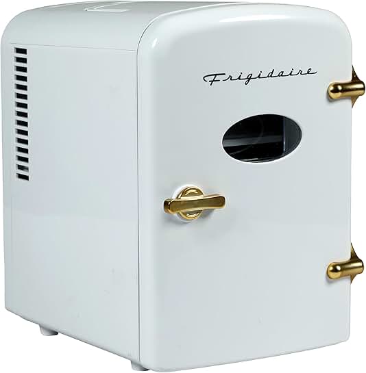 Retro Mini Personal Fridge, Holds 9 Cans, Portable, White Gold