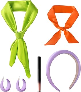 Purple headband, green neck scarf, purple earrings, lipstick, and orange scarf for adults