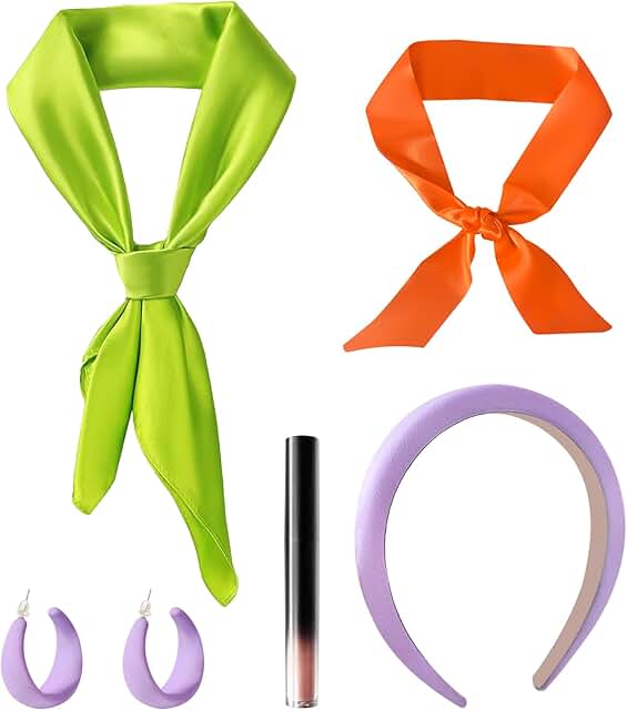 Purple headband, green neck scarf, purple earrings, lipstick, and orange scarf for adults