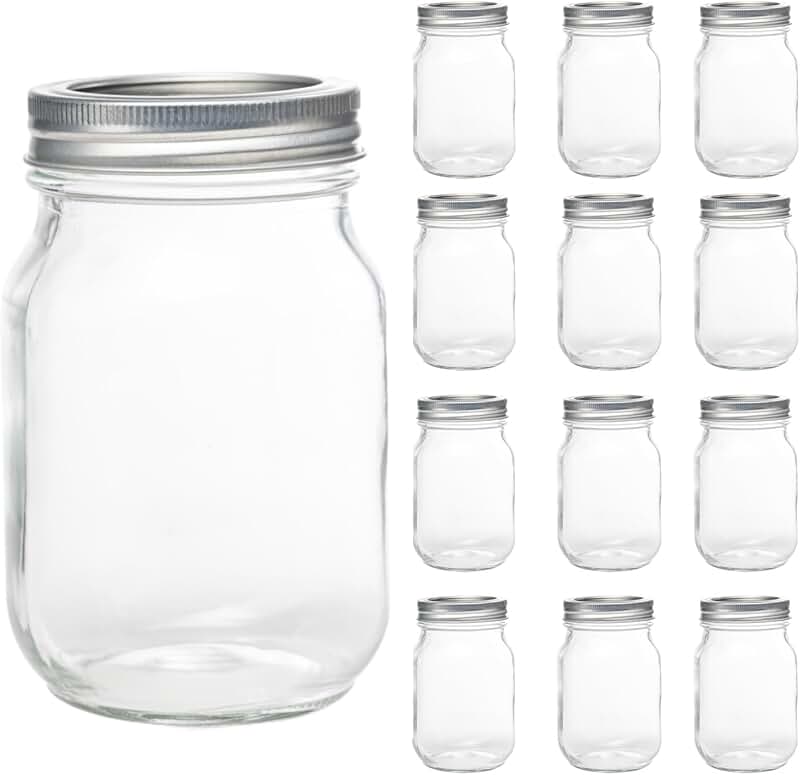 12 Pack 16oz Mason Jars with Silver Lids for Storage