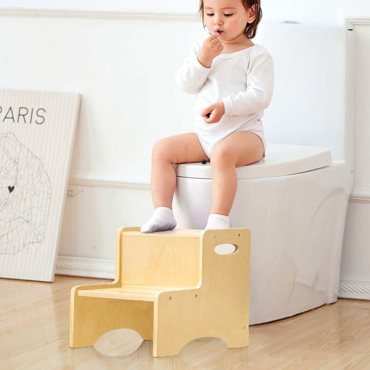 Wooden Toddler Step Stool for Kids, Bathroom Potty Stool  Kitchen Stool, Natural Two Step Stool for Bedroom, Children's Stool with Handles and Safety Non- Pads