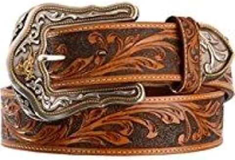 Tooled Leather Bronc Buckle Men's Belt, 1.5 inches