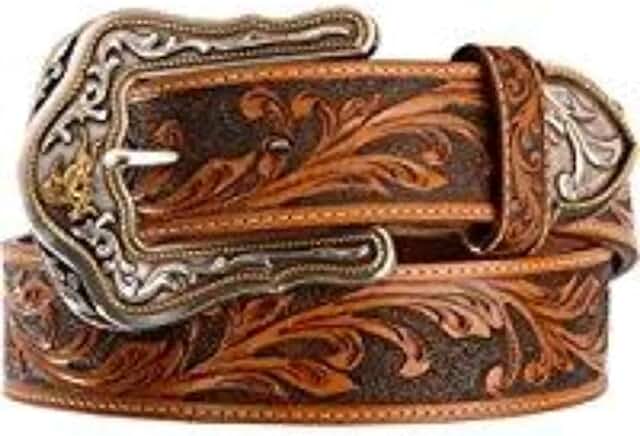 Tooled Leather Bronc Buckle Men's Belt, 1.5 inches