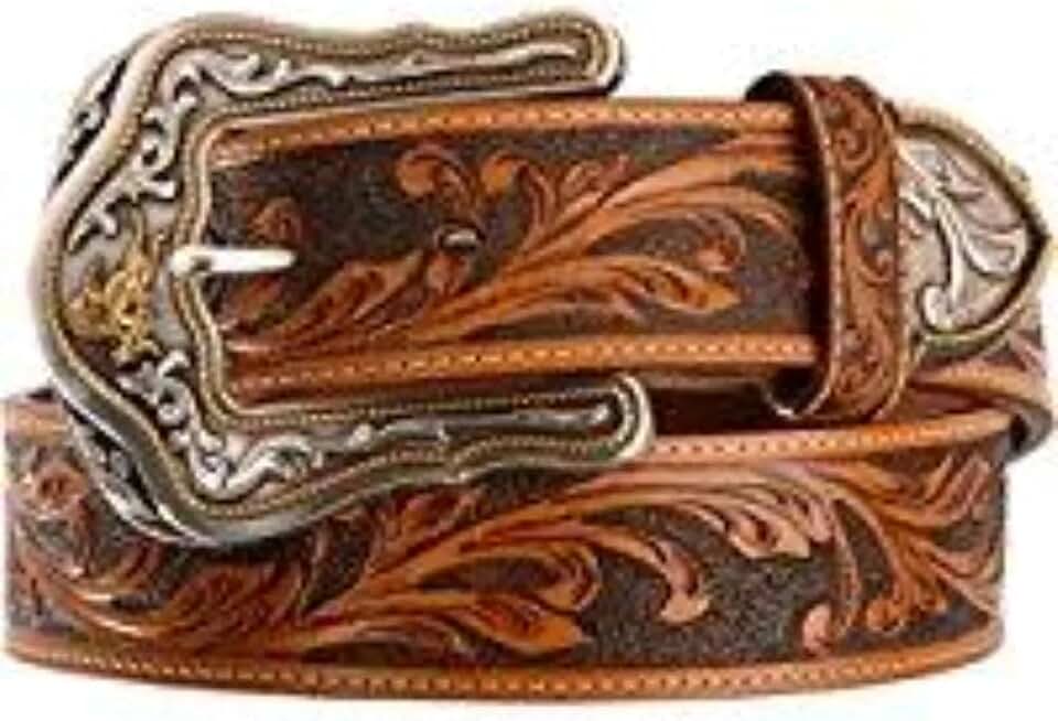 Tooled Leather Bronc Buckle Men's Belt, 1.5 inches