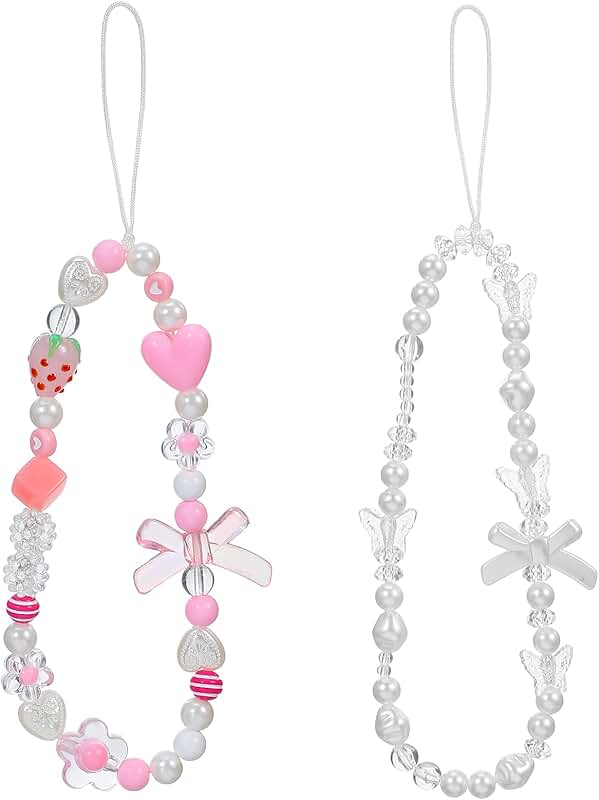 Pink Beaded Phone Wrist Strap Set