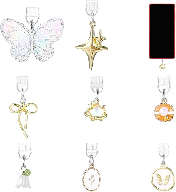 8 Pcs Cute Bow and Star Dust Plug Charms for E-Reader and Phone