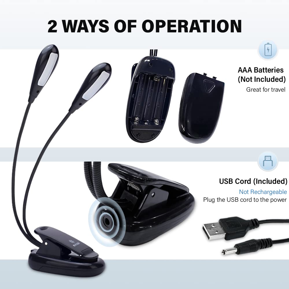 10 LED Music Stand Light, USB/AAA Battery Operated Book Light, Eye-Cared Clip on Light, 3 Brightness3 Color Light up 2 Full Pages, Perfect for Readers, Kids, Music Stand