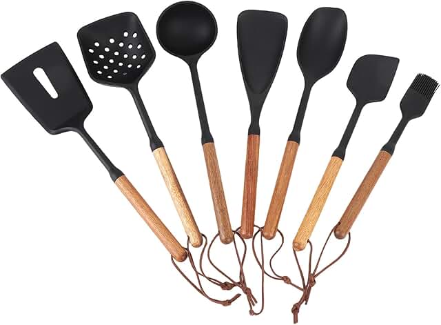 7-Piece Silicone Kitchen Utensil Set with Wooden Handles