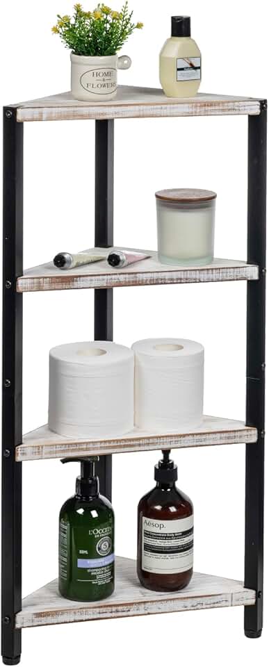 White 4-Tier Wooden and Metal Bathroom Corner Shelf