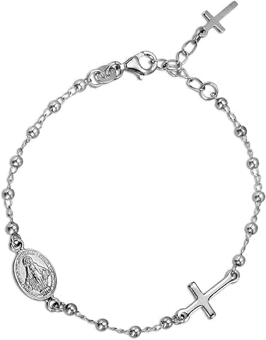 Sterling Silver Oval Miraculous and Cross Beaded Bracelet