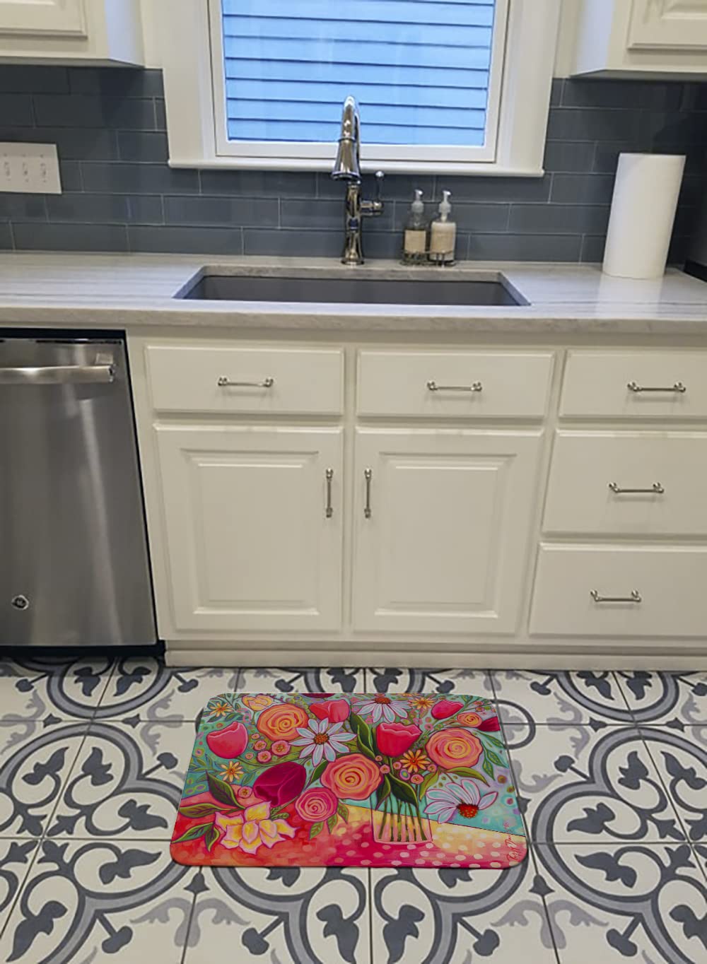 PPD3019RUG Polka Dots Flowers Bath Mat Machine Washable Anti-Fatigue Memory Foam Kitchen Rug, 19 X 27, Multicolor