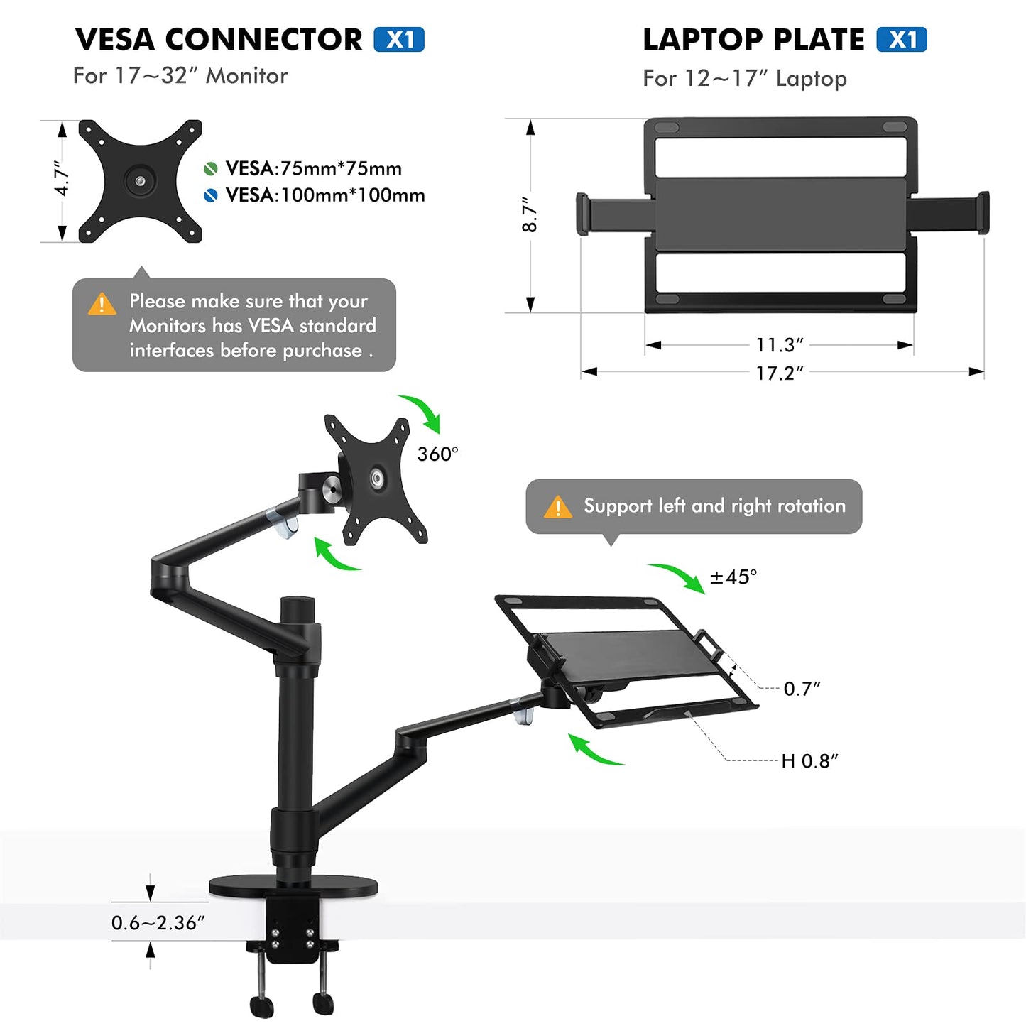 Monitor and Laptop Mount, 2-in-1 Adjustable Dual Arm Desk Mounts Single Desk Arm Stand/Holder for 17 to 32 Inch LCD Computer Screens, Extra Tray Fits 12 to 17 inch Laptops (Black)