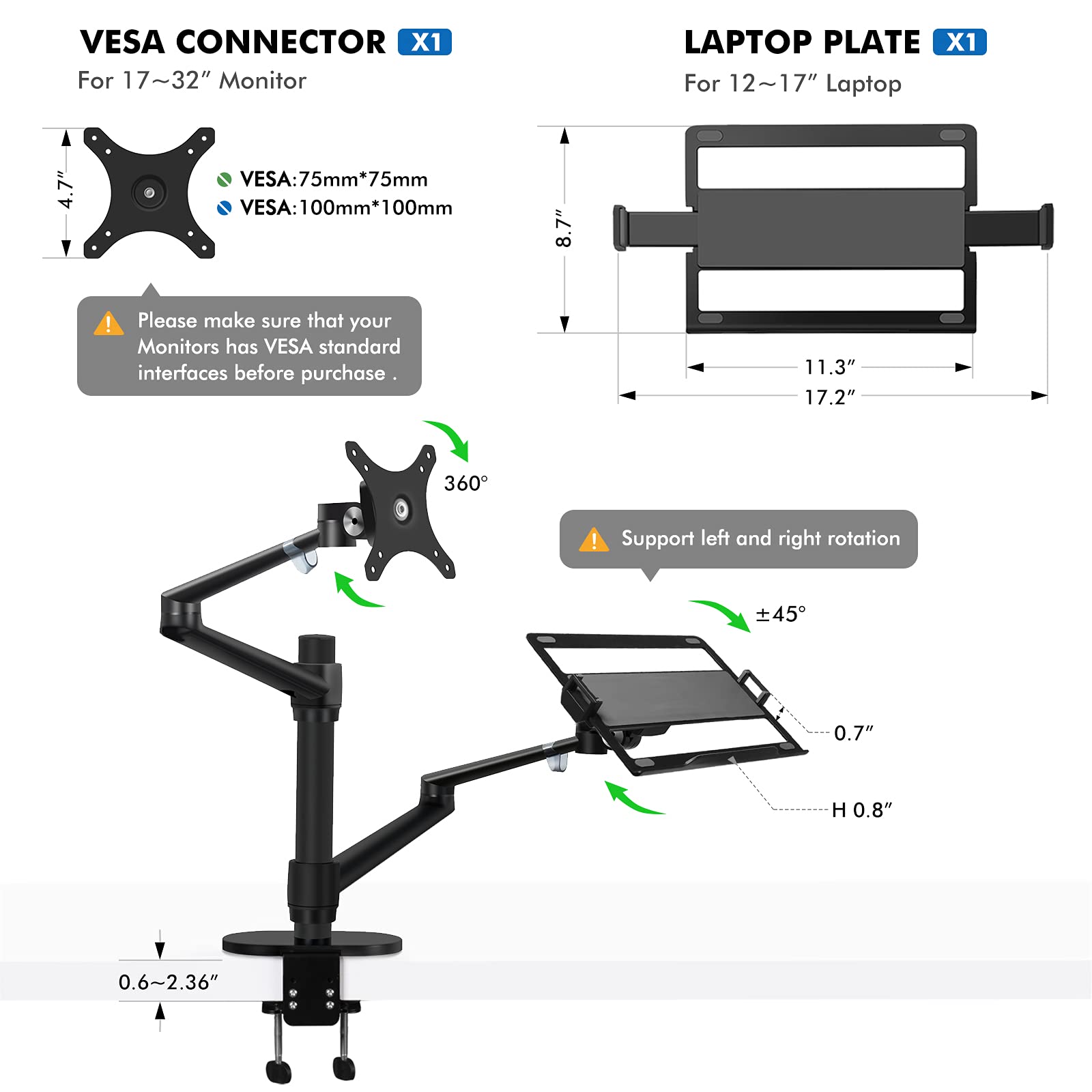 Monitor and Laptop Mount, 2-in-1 Adjustable Dual Arm Desk Mounts Single Desk Arm Stand/Holder for 17 to 32 Inch LCD Computer Screens, Extra Tray Fits 12 to 17 inch Laptops (Black)
