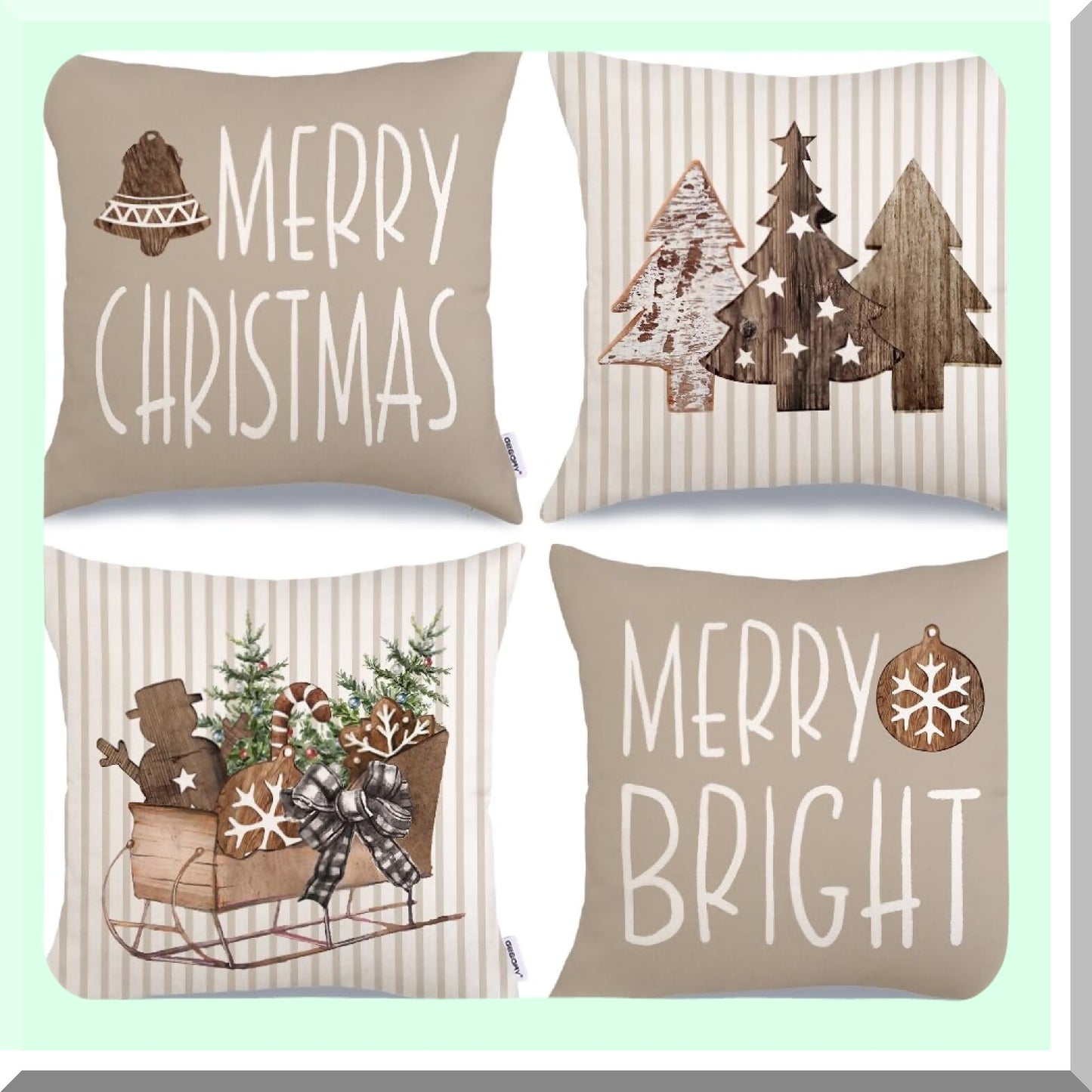 Holiday Stripe Pillow Cover Set - 18x18 Inch (Pack of 4) - Wooden Tree Snow Sleigh Merry Bright Xmas Decor - Decorative Throw Cushion Case for Home Party Sofa Couch - Brown