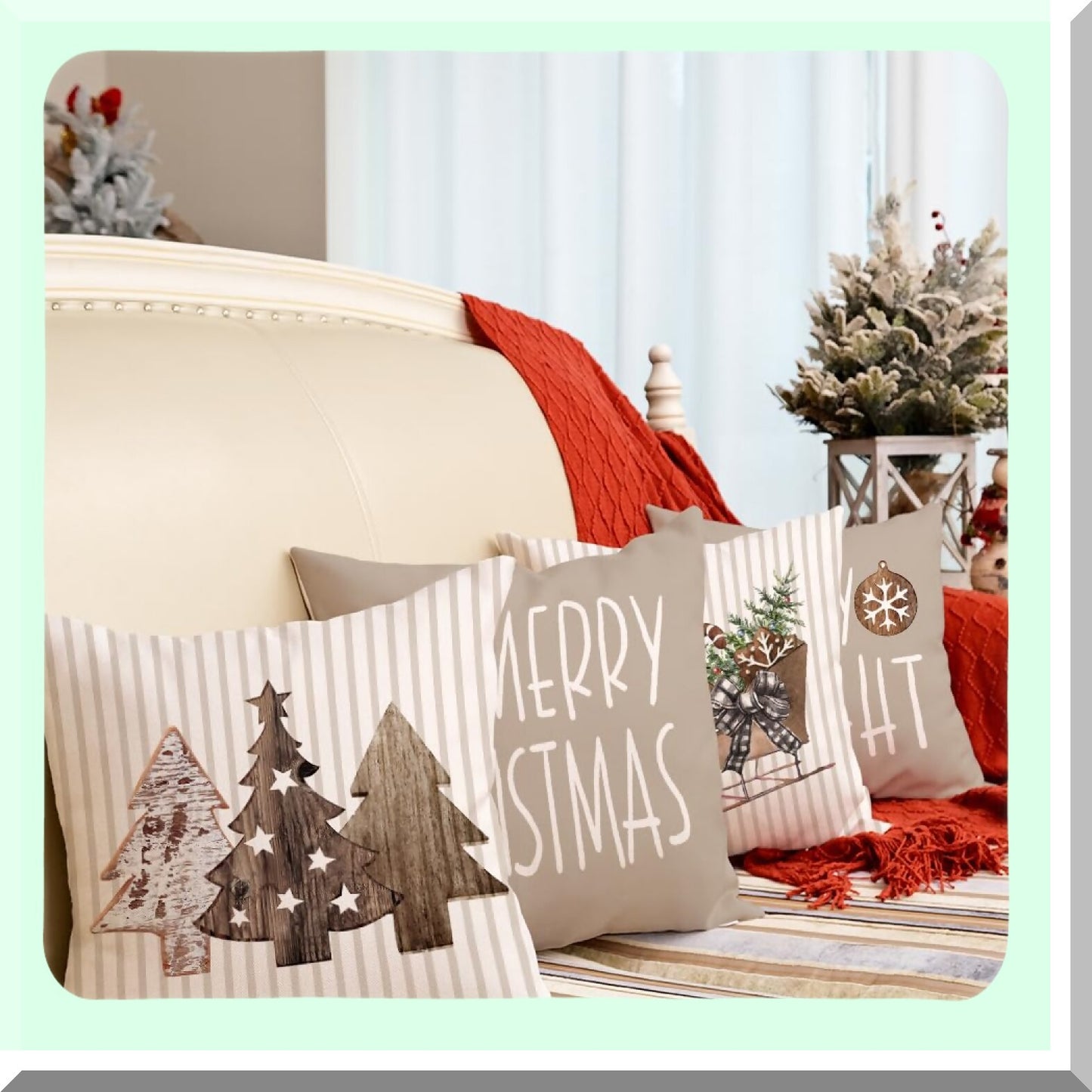 Holiday Stripe Pillow Cover Set - 18x18 Inch (Pack of 4) - Wooden Tree Snow Sleigh Merry Bright Xmas Decor - Decorative Throw Cushion Case for Home Party Sofa Couch - Brown