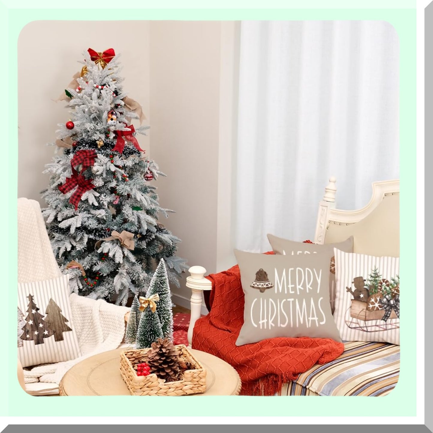 Holiday Stripe Pillow Cover Set - 18x18 Inch (Pack of 4) - Wooden Tree Snow Sleigh Merry Bright Xmas Decor - Decorative Throw Cushion Case for Home Party Sofa Couch - Brown
