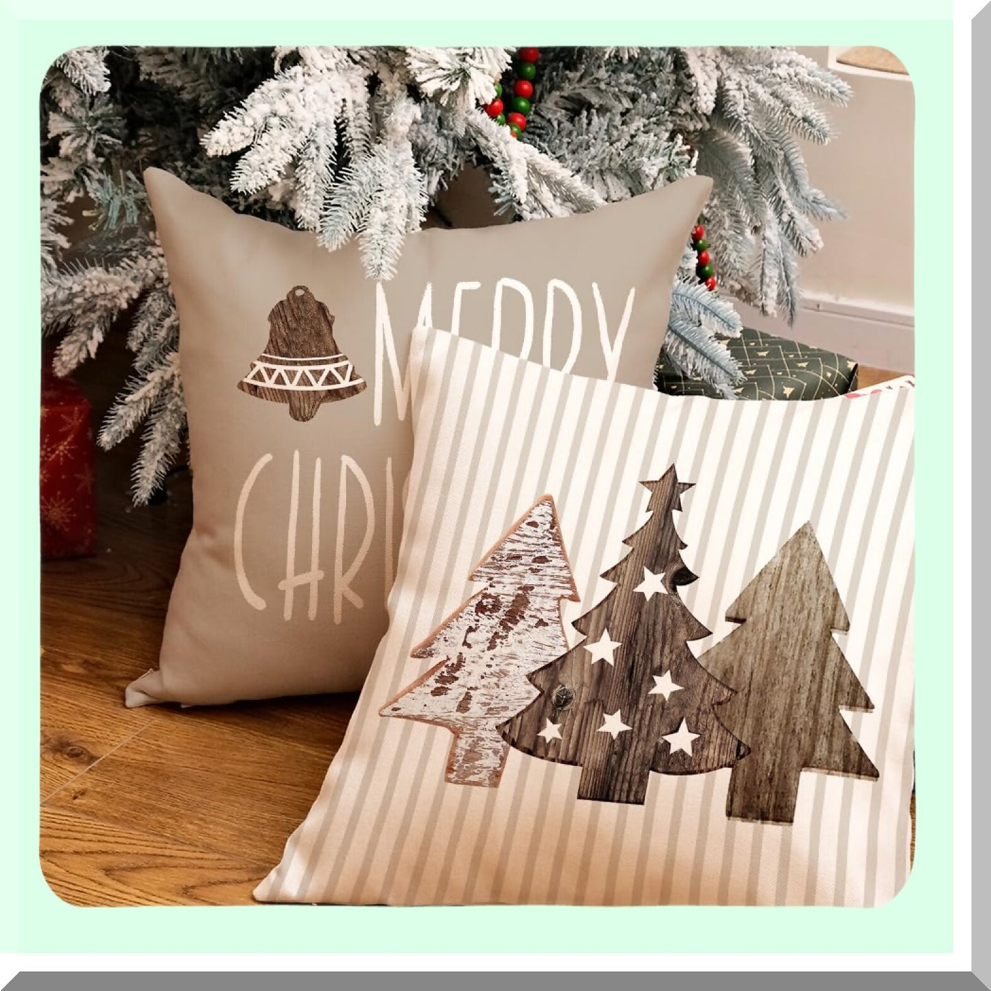 Holiday Stripe Pillow Cover Set - 18x18 Inch (Pack of 4) - Wooden Tree Snow Sleigh Merry Bright Xmas Decor - Decorative Throw Cushion Case for Home Party Sofa Couch - Brown