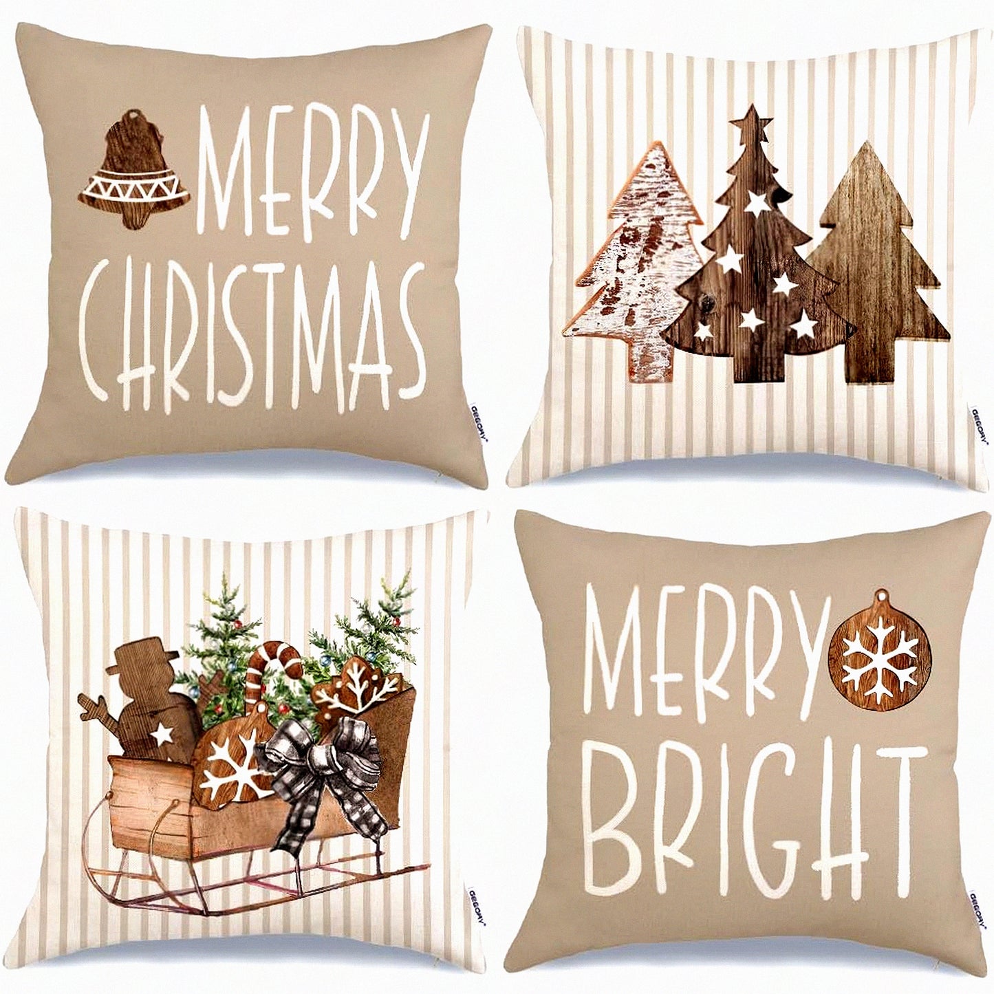 Holiday Stripe Pillow Cover Set - 18x18 Inch (Pack of 4) - Wooden Tree Snow Sleigh Merry Bright Xmas Decor - Decorative Throw Cushion Case for Home Party Sofa Couch - Brown